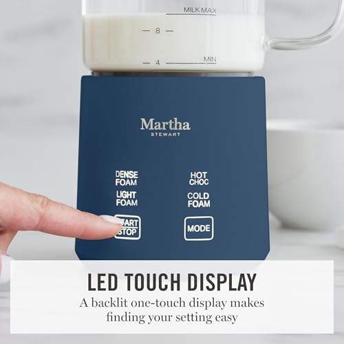Image of Martha Stewart Milk Frother and Steamer, 10oz /300ml Glass Cup, 4 Presets (Cold Foam, Light, Dense & Hot Chocolate), Ready in 90 Seconds, Cordless Pouring, One-Touch for Hot and Cold Milk, Indigo Blue