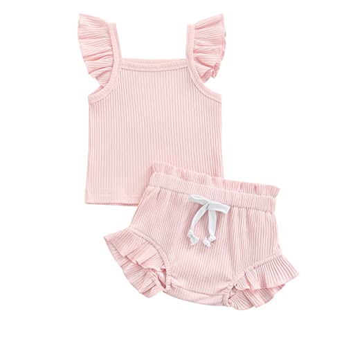 Toddler Baby Girl Summer Short Clothes Ribbed Ruffle Sleeve Tops+Elastic Drawstring Short Pants Two Piece Solid Outfit Set (A-Light Pink, 18-24 Months)