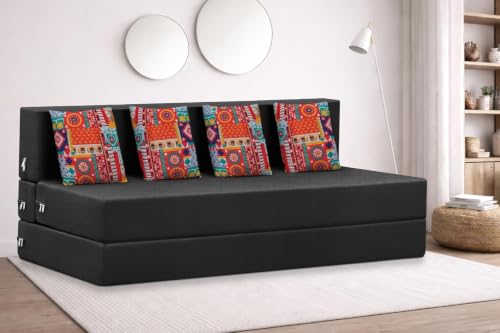 Image of Rosebell Four Seater Foldable Sofa Cum Bed (6x6 Feet) Jute Fabric, Washable Removable Cover, Includes 4 Cushion | Space Saving Sofa Bed for Home, Office & Guests - Black