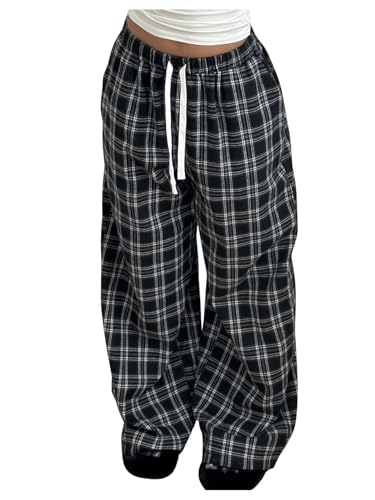 GORGLITTER Women's Plaid Checkered Wide Leg Pants Gingham Drawstring Elastic Waist Pajama Lounge Trousers with Pockets