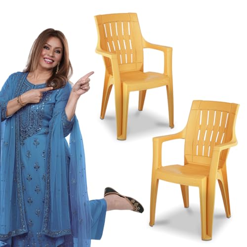 Image of MAHARAJA Heavy Duty Plastic Chairs with Arm Rest | 200Kg Capacity |for Home & Office (Amber Gold,Pack of 2)