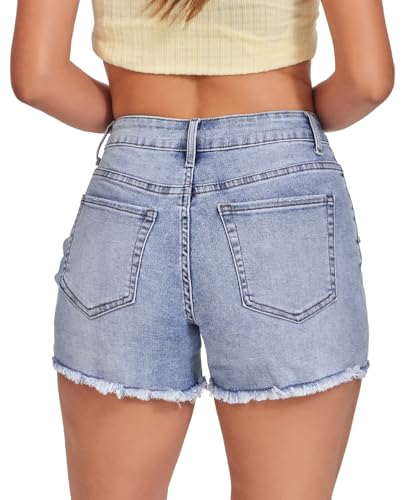 Image of VIPONES Women Mid Rise Jeans Shorts Frayed Raw Hem Summer Stretchy Casual Denim Shorts