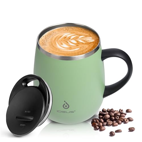 Ideus Kaffeebecher 470 ml (16 oz), doppelwandige vakuumisolierte Kaffee- und Teetasse aus Edelstahl mit rutschfestem Griff und Schiebemoduldeckel und großem Volumen (Grasgrün)