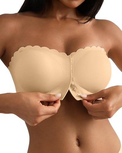 SHARICCA Women's Strapless Bra Front Closure Seamless Underwire Transparent Removable Strap Bra, Beige-1p02, L