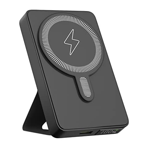 RUNSY Magnetic Wireless Power Bank with Foldable Stand Compatible with MagSafe, 10000mAh Battery Pack for iPhone 14/13 / 12 Series, Portable Charger with USB-C Cable Cover