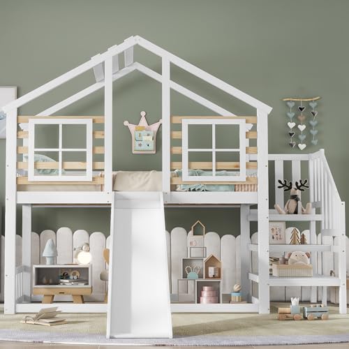 Sapgaks Lit cabane Enfants 90x200,lit superposé Enfant en Bois avec escalier,lit Mezzanine 90x200 avec Toboggan et fenêtre,en rondins avec Protection antichute,Cadre...