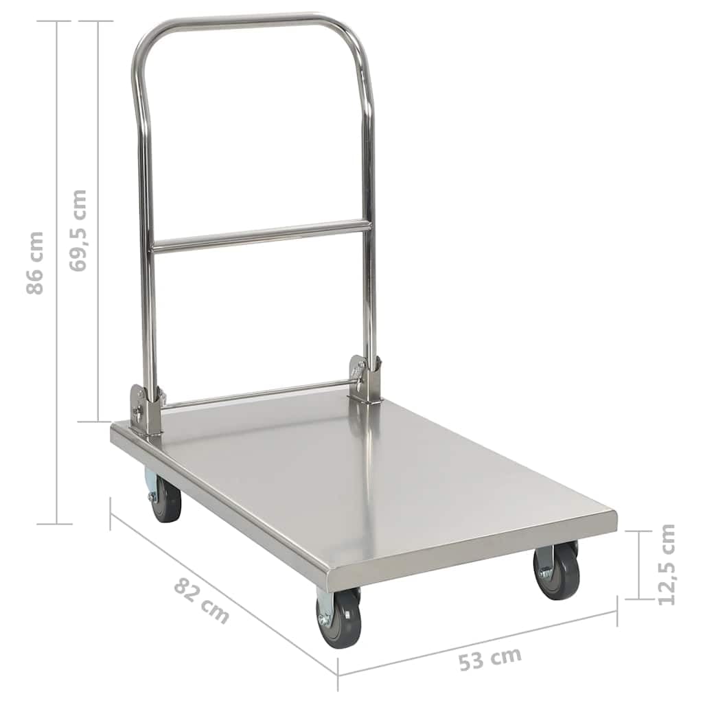 Carrello con piattaforma in acciaio inox argentato, 82 x 53 x 86 cm, con portata di 200 kg, pieghevole, ruote in TPR, ideale come carrello da cucina, carrello da servizio, per buffet e area