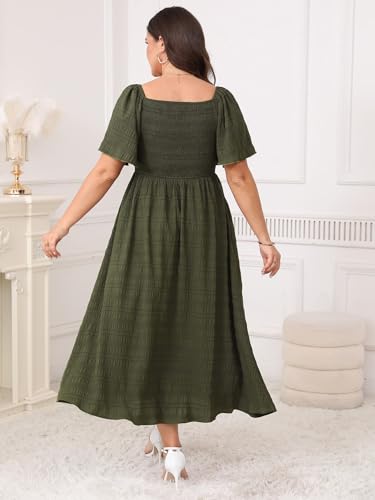 Image of Plus Size Casual Maxi Boho Dress for Curvy Women Short Sleeve Square Neck Smocked Summer Beach Dresses Button Down