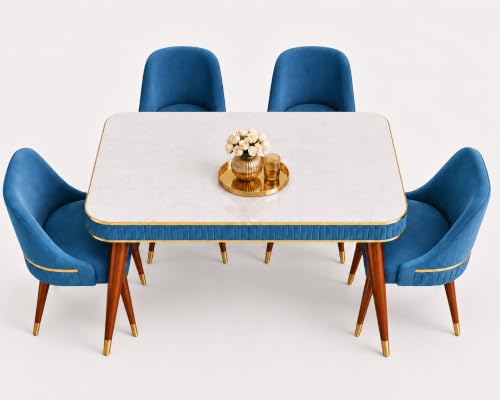 Image of WOODEN SPACE 4 Seater Wooden Dining Table Set | Urban Marble Top Dining Table with Chairs for Dining Room & Kitchen (Modern Grand Aura Blue) (54 x 36 x 30 inch)