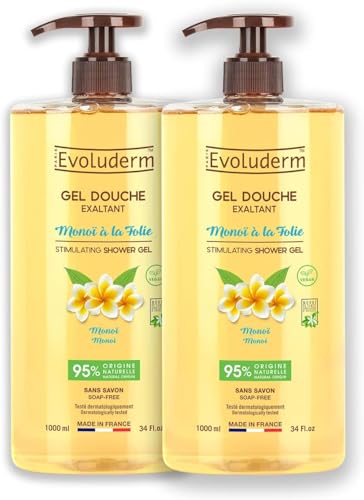 EVOLUDERM - Gel Douche Exaltant Monoï à la Folie - 1000 ml - 95% d'Origine Naturelle - Végan - Fabrication Française - Lot de 2 x 1000 ml