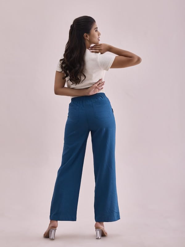 Image of GO COLORS Solid Linen Cargo Pants for Women | Full Length, Mid Rise, Side Pockets