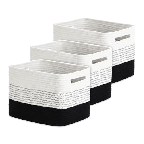 Image of Temary Cotton Rope Baskets Set of 3 Stylish Storage Bins, Storage Baskets with Convenient Handles for Organizing Books, Clothes (Black, 15"x10"x9")