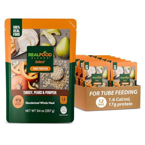 Image of Real Food Blends Select Turkey, Pears & Pumpkin - Pureed Food Meal for Feeding Tubes, 9.4 oz Pouch (Pack of 12 Pouches) | Select turkey, pears and pumpkin tube feeding meal with 17g protein and 23 vitamins and minerals.