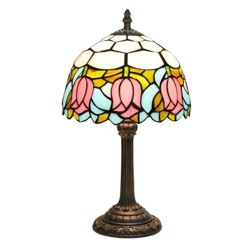 wecrejoni Tiffany Style Pink Tulip Stained Glass Table Lamp Cute Small Table Lamp Bedroom Bedside lamp Living Room Dining Room Office Decoration Desk lamp Home Decoration Creative Gift Scene Props