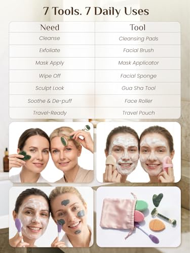 Rena Chris Gua Sha and Face Roller Set - 7 in 1 Face Skin Care Tools with Facial Cleansing Brush, 2 Silicone Scrubber Pads & Face Sponge, Travel Bag, Beauty Gift for Women - Thumbnail 3