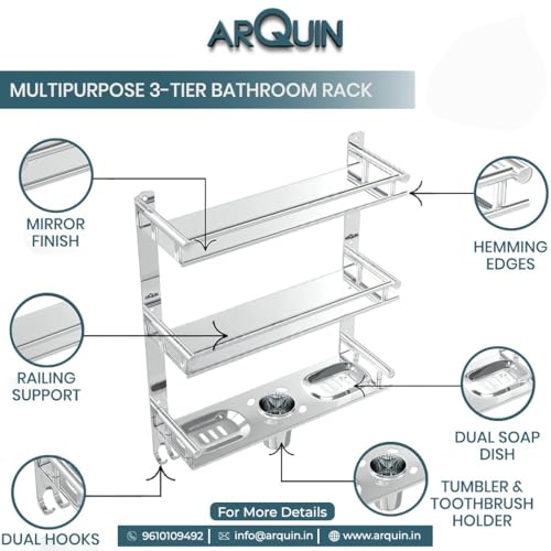 Image of ARQUIN Bathroom 3 Layer Shelf | Bathroom Accessories Set | Bathroom Storage Organiser Multipurpose Stainless Steel 3 Tier Shelf with Double Soap Dish & Toothbrush Tumbler Holder