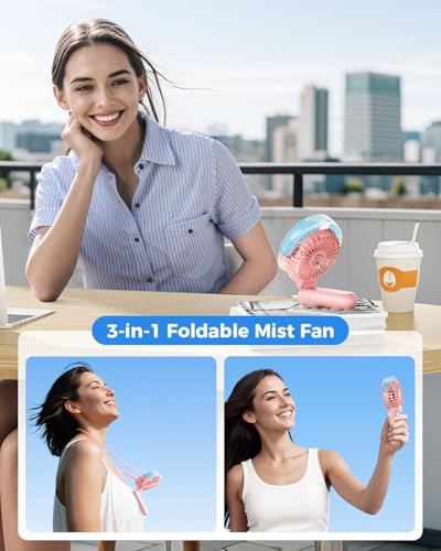 SWEETFULL Misting Fan Portable - 180° Foldable Handheld Personal Fan with Mist Spray, 3 Speeds, 30ml Water Tank, USB Rechargeable for Travel, Outdoors, Makeup, Camping, Home, and Office Use