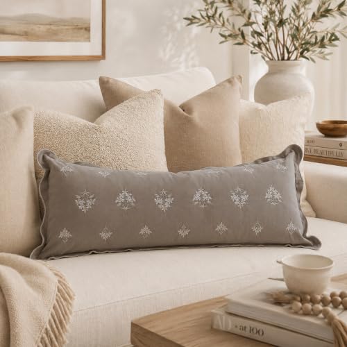 BlissBlush Long Lumbar Pillow Cover 14x36 for Bed, Taupe Velvet Decorative Lumbar Pillow Cover, Floral Accent Cushion Cover with Embroidery and Scalloped Edge for Couch Sofa Bed, Cover ONLY - image 5