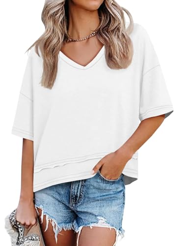 Image of UNCLECAT Womens V Neck T Shirts Summer Trendy Loose Fit Casual Tops Tees | Short sleeve, Spliced hem, Flowy graphic tees,Solid color cute basic t-shirts