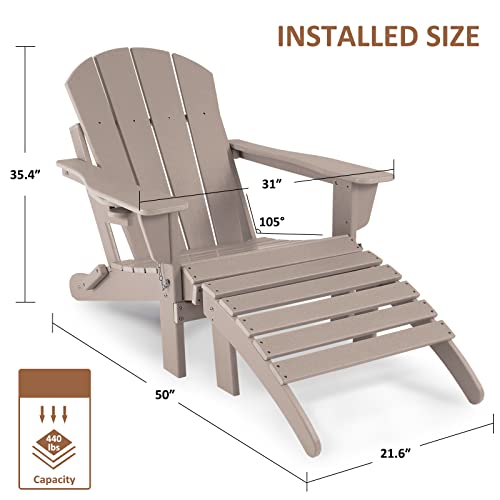 Abcpatio Folding Adirondack Chair With Footrest - Weather Resistant Plastic Adirondack Chairs With Detachable Ottoman, Stackable Seating With Cup Holder For Patio (Seat Width 21.6", Light Brown) #TOP2