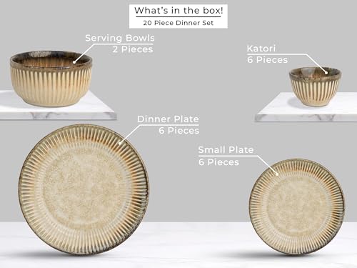 Image of Bodhi House Premium 20-Piece Stoneware Dinner Set Serving for 6 - Handcrafted Ceramic Plates, Bowls & Serving Bowls | Microwave & Dishwasher Safe | Elegant Modern Tableware Crockery Rustic Sand Beige