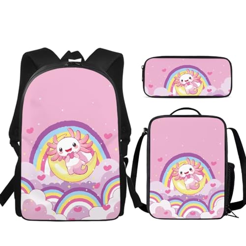 Kids School Bag Set for Girls Boys,Book Bag with Lunch Bag and Pen Case, Sturdy Sport Travel Essentials Middle Hight School,Unisex Child Multiplier Backpacks Rainbow Axolotl