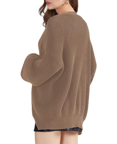 Image of QUALFORT Women's Oversized 100% Cotton Cardigan Sweater | Long Sleeve V Neck Button Down Open Front Knit Outerwear