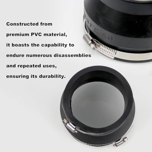 Image of 4 inch to 3 inch Inch Black PVC Reducer Coupler with 2pcs Clamps RV Plumbing compatible with PVC Pipe Coupler Adapter RV Sewer Connection