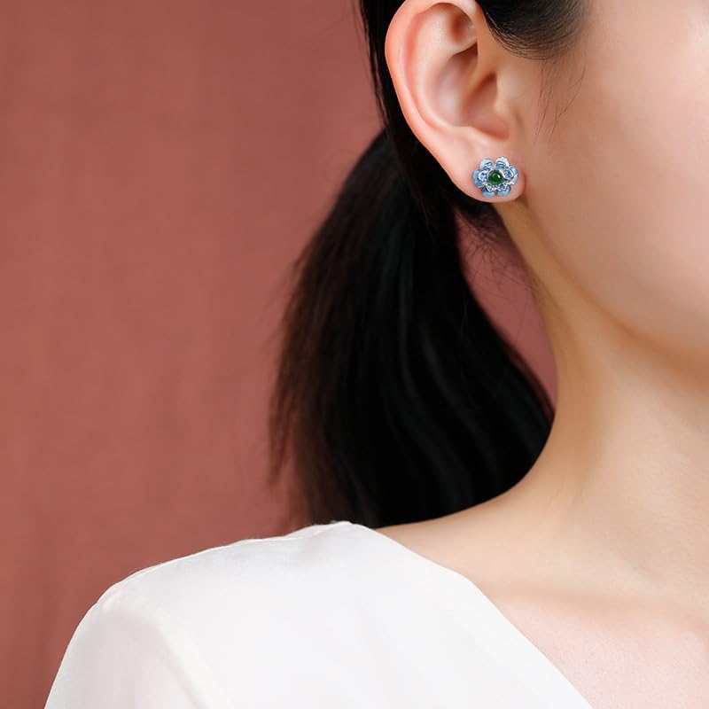 Boucles d'oreilles en argent anti-allergie, fleurs émail et jade véritable - 5