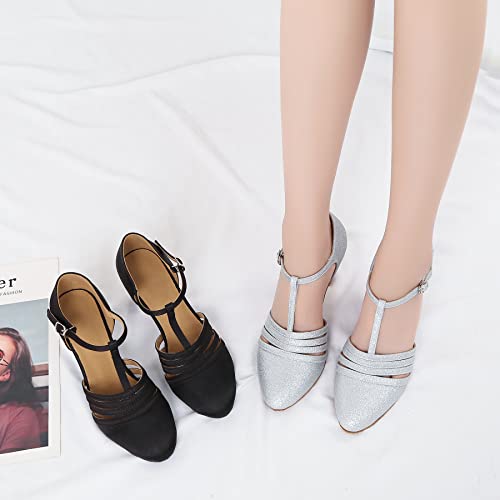 Kleeklcc Women's Ballroom Dance Shoes Closed Toe Latin Salsa Dancing Shoes T-Strap Dance Sandals For Wedding Party Zb12(9,Black-2.5 Inch Heel) #TOP6