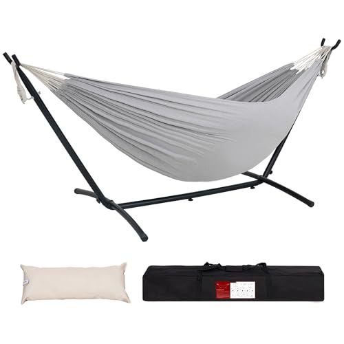 Lazy Daze Hammocks Double Hammock with 9ft Space-Saving Steel Stand Includes Portable Carrying Case, 450 Pounds Capacity (Light Gray)