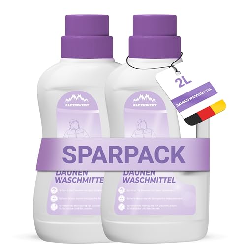 ALPENWERT Detersivo per piumino 2 x 1 l, detergente speciale per piumini, coperte, sacchi a pelo e cuscini, detersivo delicato per una pulizia profonda e cura con profumo fresco, prodotto in Germania