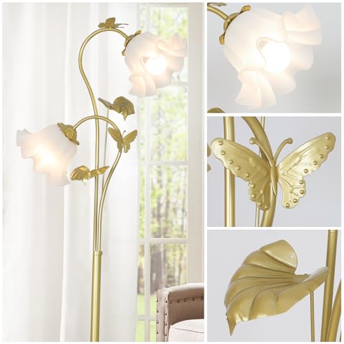 Image of HMVPL Gold Floor Lamp for Living Room, Flower Standing Lamp with 2 LED 5W Blubs, Foot Switch, Floral Tall Lamp with Acrylic Shade, Antique Lotus Flower Floor Lamp for Living Room Office Reading
