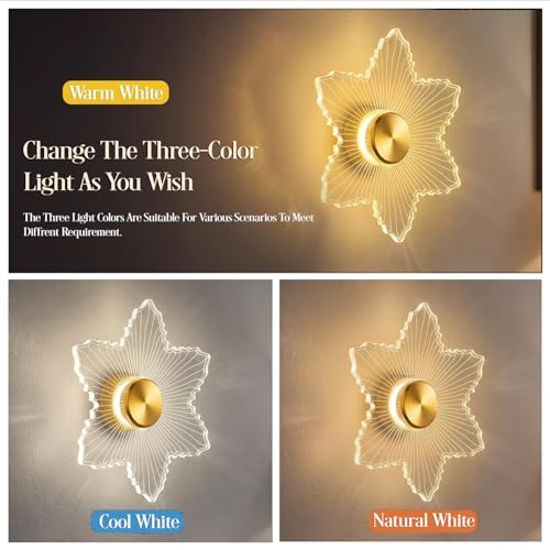 Image of Lampmaster Zyra StarLeaf LED Wall Light | 23cm Acrylic Decorative Lamp | 3 Color Changing | Energy-Efficient | Modern Wall & Ceiling Light for Living Room, Bedroom, Hallway | Gold | 1 Year Warranty