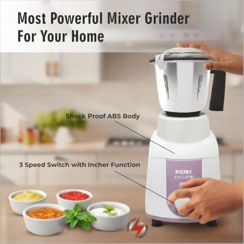 Image of Baltra Mixer Grinder 1000W | Powerful Motor with Overload Protector | 3 Stainless Steel Jars | Heavy-Duty Grinding for Indian Kitchen | Ideal for Dry & Wet Grinding | Made for Cooking | 2Year Warranty