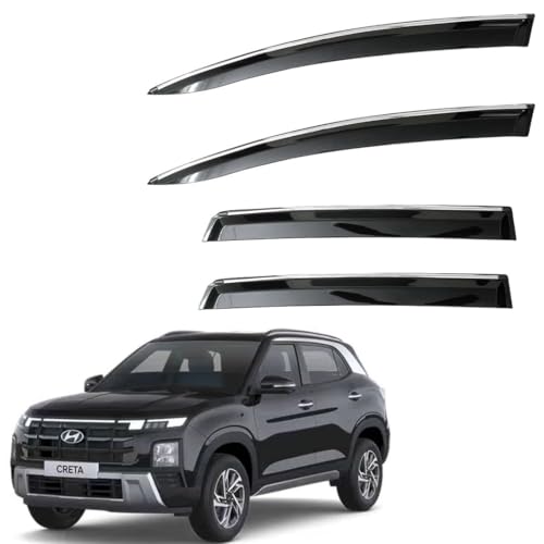 Image of CAR SAAZ Unbreakable Chrome Smoke Door Visor for Creta (2024-Present) | Premium Sun, Rain Wind Deflector Chrome Strip Side Door Rain Visor - Set of 4 Pcs