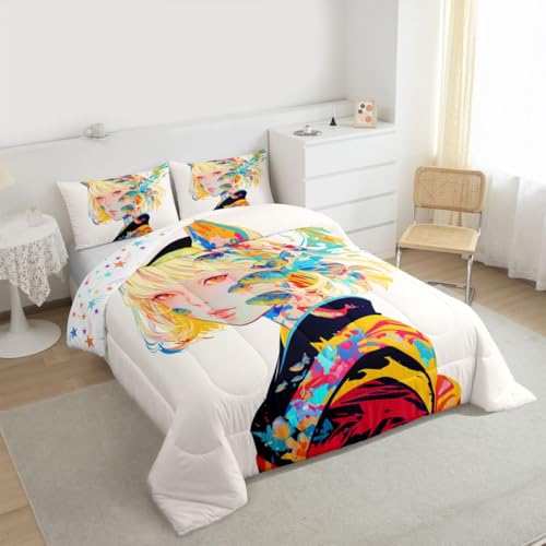 Image of Erosebridal 3D Bedding Comforter Sets - Japanese Girl Style Full for Cartoon Fans - Kawaii Design Pattern Duvet Insert with 2 Pillow Cases