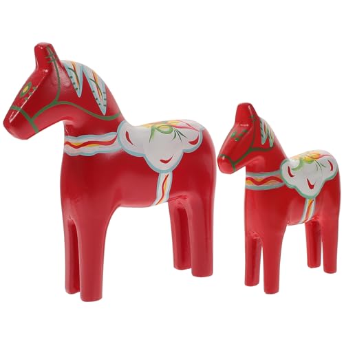 RUNROTOO Adorno Creativo de Caballo de Madera Rojo Par de Figuras Pintadas a Mano para Decoración de Mesa Adecuado para Habitaciones Infantiles Oficina y Decoración Navideña