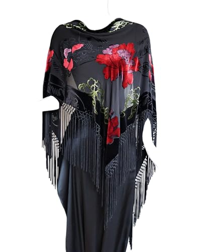 Silk Base Burn-out Velvet Triangle Scarf, with 8" Tassel on two sides, Flora pattern, Black and Red Color4