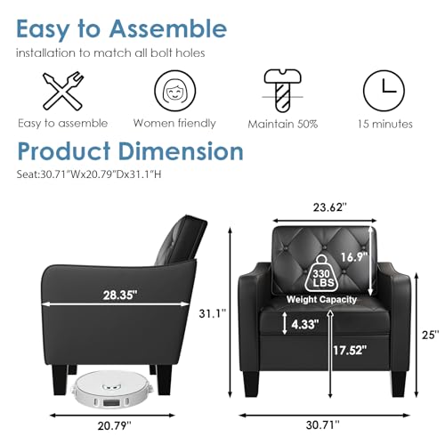 Image of Black Accent Chairs, Faux Leather Armchair, Mid Century Modern Lobby Chair | STHOUYN Waiting Room Chairs, Tufted Back Upholstered, 330LBS Capacity, Office Guest Chairs Living Room Bedroom