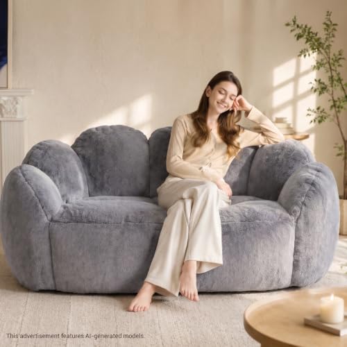 Loveseat Bean Bag Chair for Adults, Giant Floral Shaped Bean Bag Sofa, Oversized Faux Fur Couch, Ultra Soft Love Seat for Living Room Bedroom Game Room, Comfy Reading Chair (Grey) - Image 9