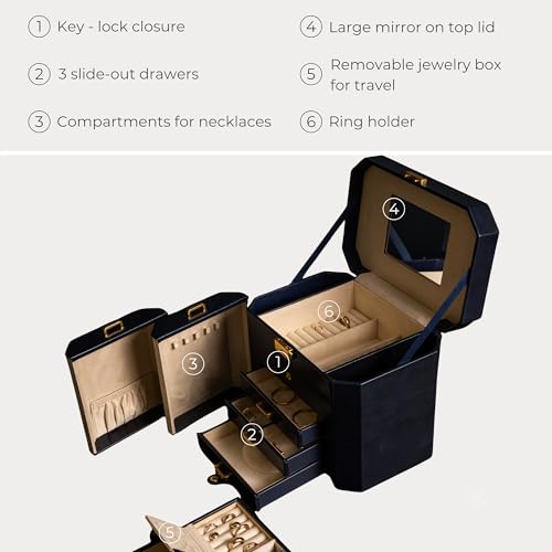 Image of Time Resistance Leather Jewelry Box - Full Grain Leather Jewellery Organizer - Lock Box for Women (Blue)