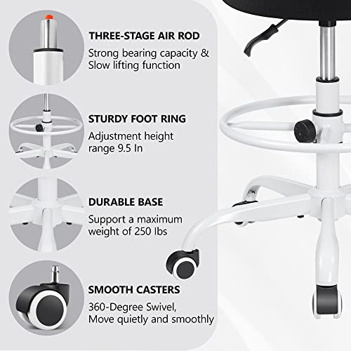 Image of Primy Armless Mid-Back Ergonomic Standing Desk Chair - Mesh Rolling Tall Chair, Adjustable Height and Footring, Art Room, Office or Home (White)