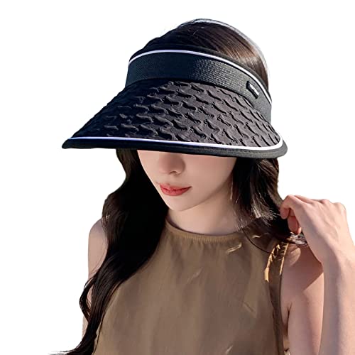 Yubenhong Cappello da sole da donna con tesa larga, visiera parasole, cappello da spiaggia, protezione solare, protezione solare, per sport, spiaggia, estivo, tesa larga, Nero , Taglia unica