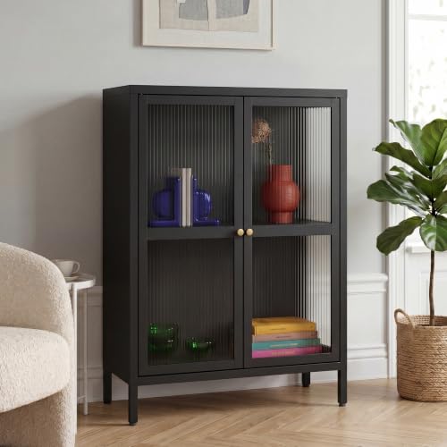 [en.casa] Buffet Säkylä Acier Verre Strié 84 x 64 x 35 cm Noir