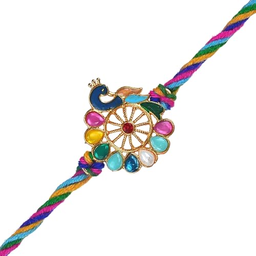 Image of eCraftIndia Kundan Flower Peacock Rakhi for Brother Bhaiya Bhai with Best Bro Ever Fridge Magnet | Roli Chawal Pack