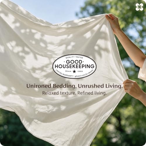 Image of Bedsure PureWoven 100% Washed Cotton Duvet Cover Set, Full Size, 3-PC | Linen Like Texture, Percale Breathable Bedding Set for All Seasons, Zipper Closure, 8 Corner Ties, Ivory, 80 inch x 90 inch
