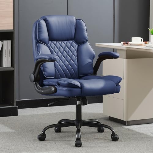 BOWTHY Office Desk Chair,Mid Back Executive Leather Chair,Ergonomic Home Computer Chair,Modern Conference Room Chairs with Adjustable Flip-Up Arms and Rocking Function (Navy Blue)
