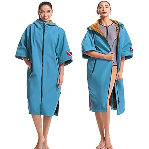 Hiturbo Waterproof Windproof Swim Parka, 3/4 Sleeve Changing Robe Coat with Hood Warm Coat for Surfing Swimming Water Sports（Blue,XL） Cover