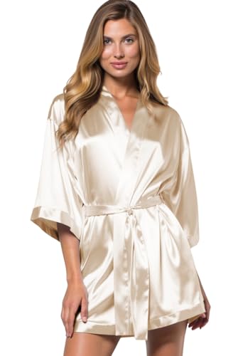 Image of Turquaz Women's Bride Bridesmaids Robe - Satin Kimono Robes for Wedding & Bridal Party Silk Like Lightweight Robes for Women, Champagne, Small